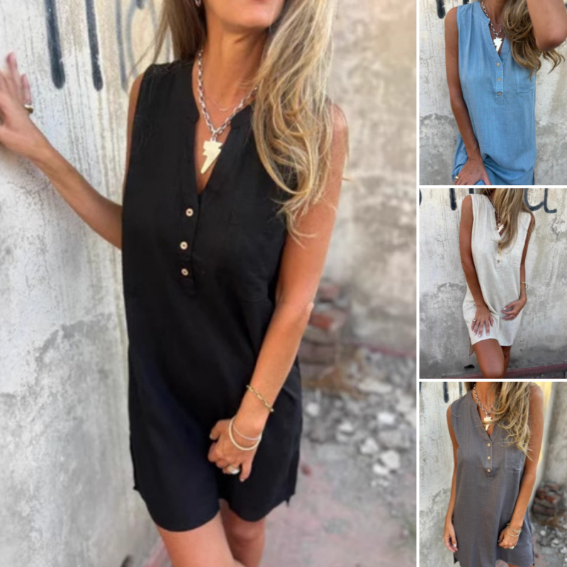 👗Early Summer New✨Women's Sleeveless Button Pocket V-Neck Dress