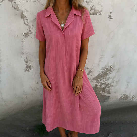 Casual loose V-neck solid color cotton and linen short-sleeve shirt dress
