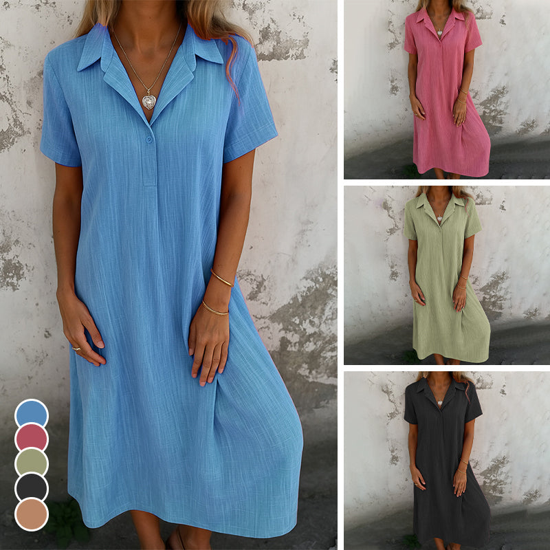 Casual loose V-neck solid color cotton and linen short-sleeve shirt dress