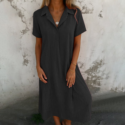Casual loose V-neck solid color cotton and linen short-sleeve shirt dress