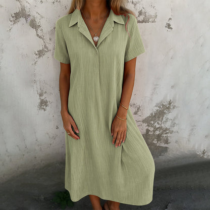 Casual loose V-neck solid color cotton and linen short-sleeve shirt dress