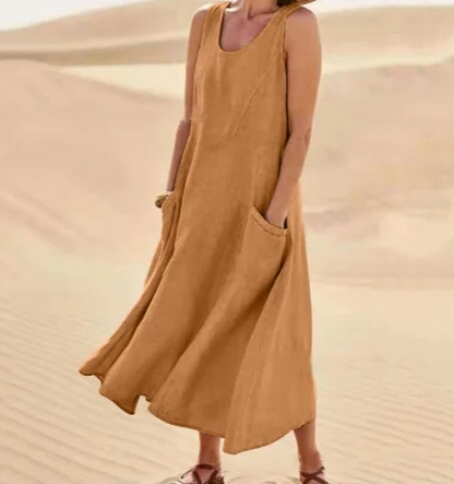 Women's Maxi Dress - Sleeveless Linen - Loose Fit with Pockets - Flowy Casual Wear