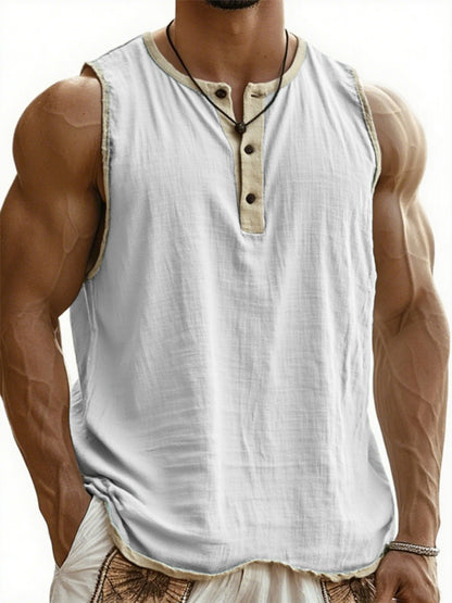 Men's Vintage Breathable Linen Sleeveless Henley Three-Button T-Shirt