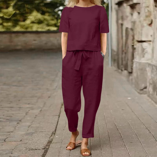 2025 new women's cotton and linen set half sleeve + wide leg pants