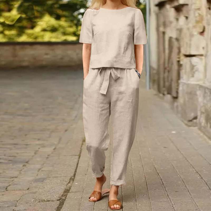 2025 new women's cotton and linen set half sleeve + wide leg pants