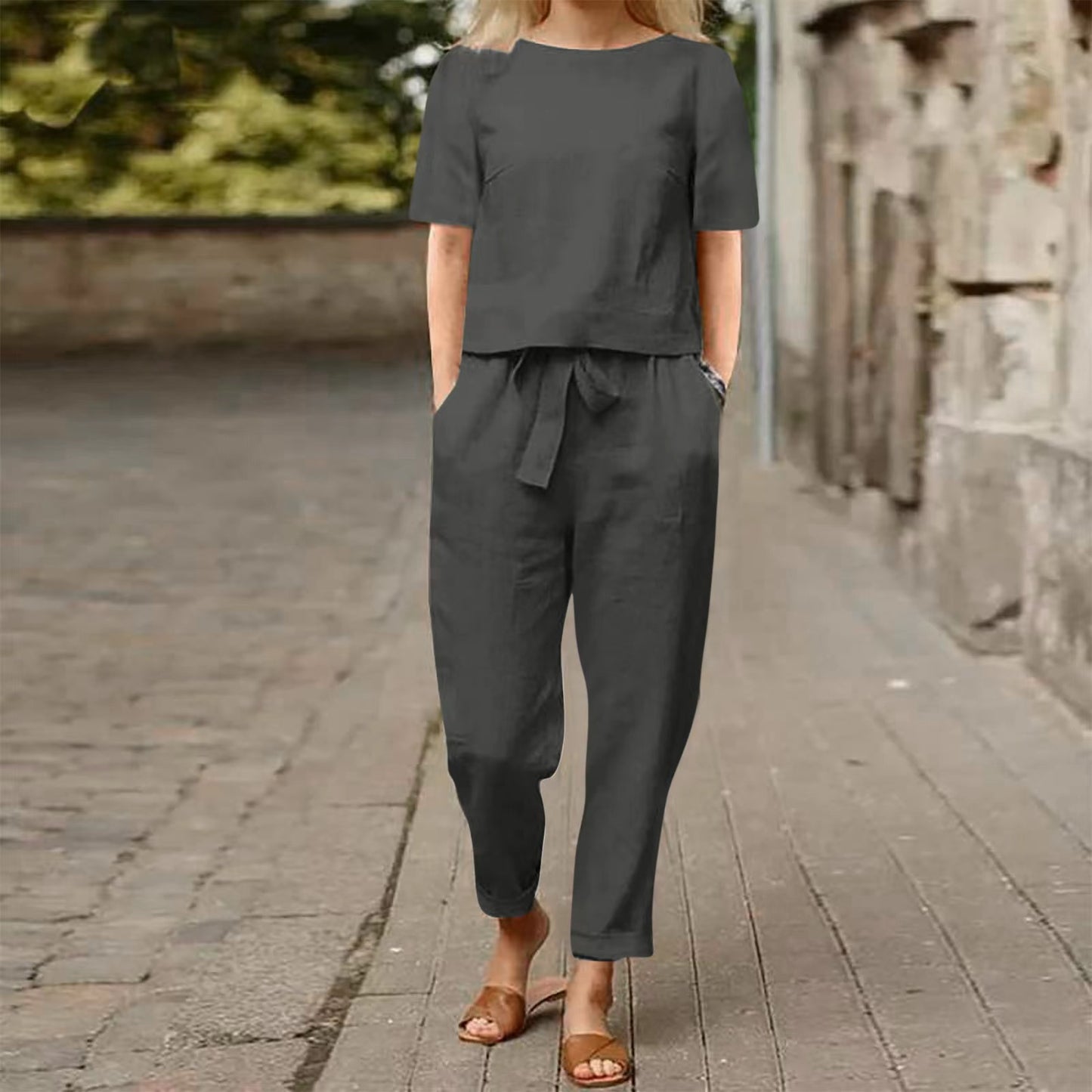 2025 new women's cotton and linen set half sleeve + wide leg pants