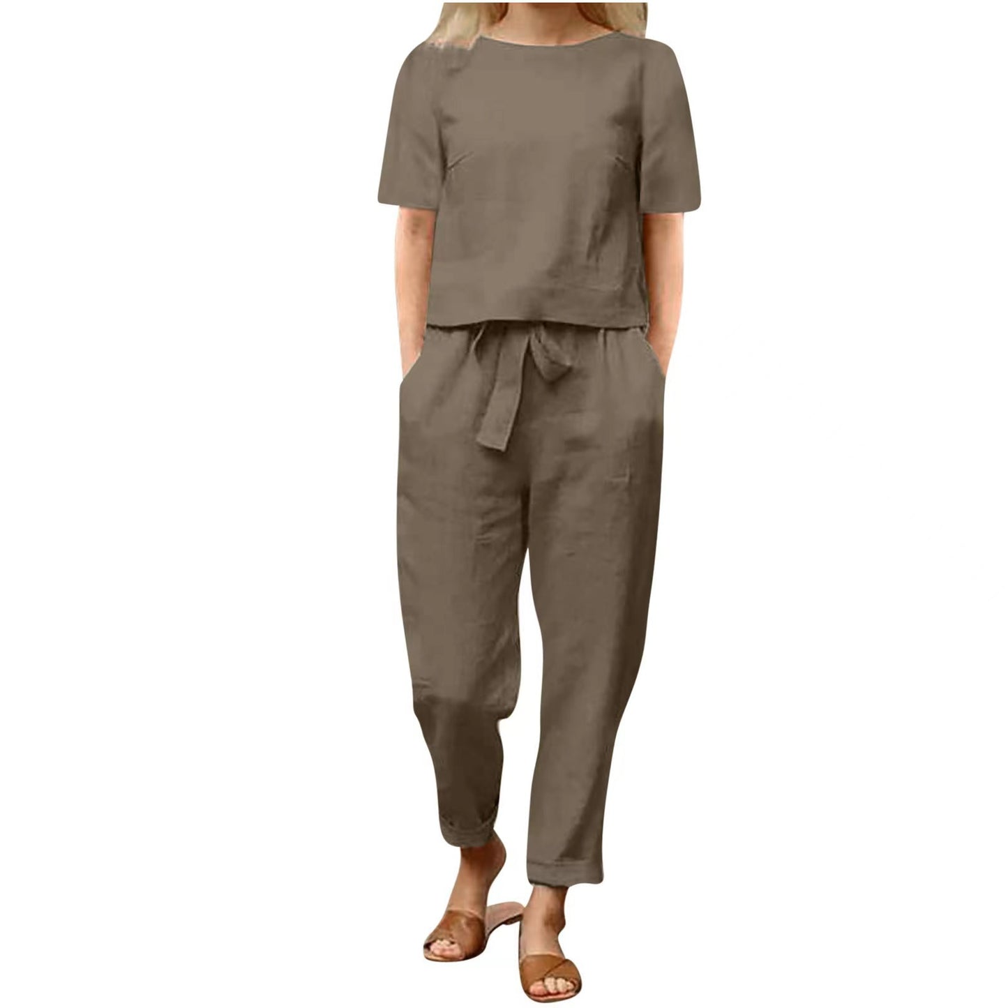 2025 new women's cotton and linen set half sleeve + wide leg pants