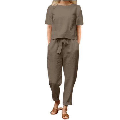 2025 new women's cotton and linen set half sleeve + wide leg pants